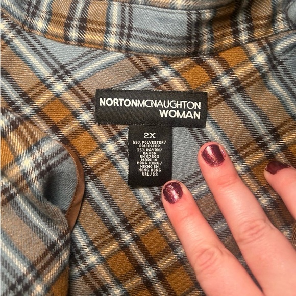 Norton McNaughton 2X Woman Plaid Flannel Shirt Shoulder Patch Blue Brown - Picture 4 of 7